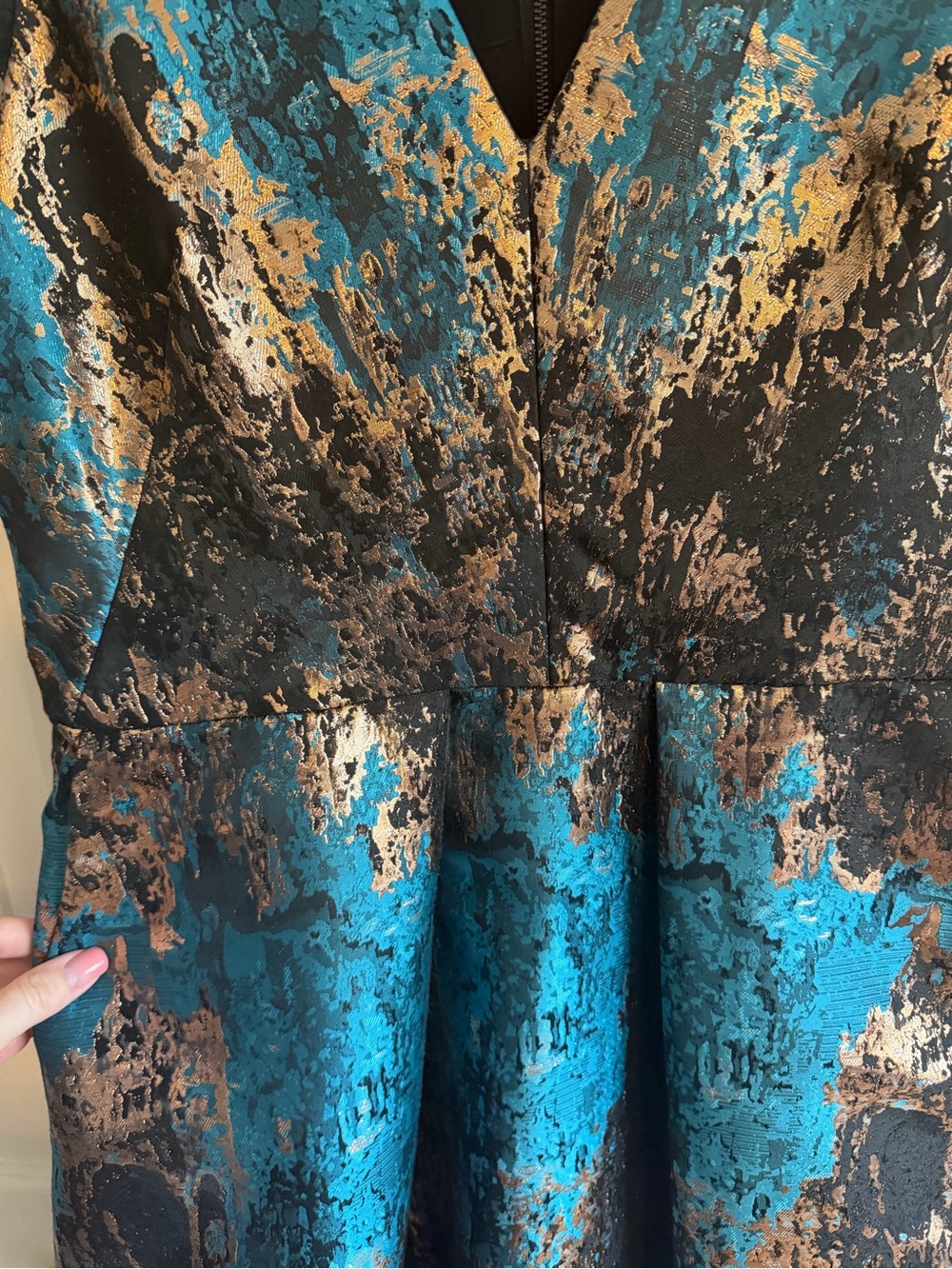 Teal and Bronze Metallic Fit & Flare Cocktail Dress - Picture 2 of 4
